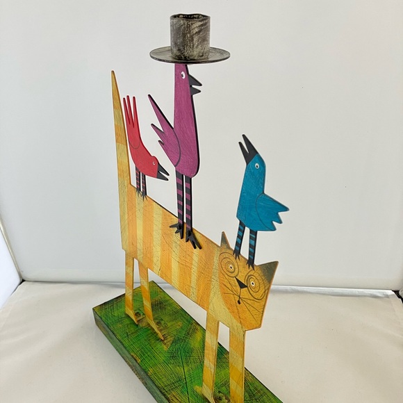 ACME Animal Canada Cat With 3 Birds, one Taper Candle Holder Handcrafted Signed - Picture 8 of 17